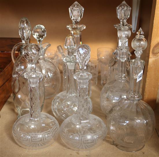 Part suite of etched glassware & various cut glass decanters & stoppers